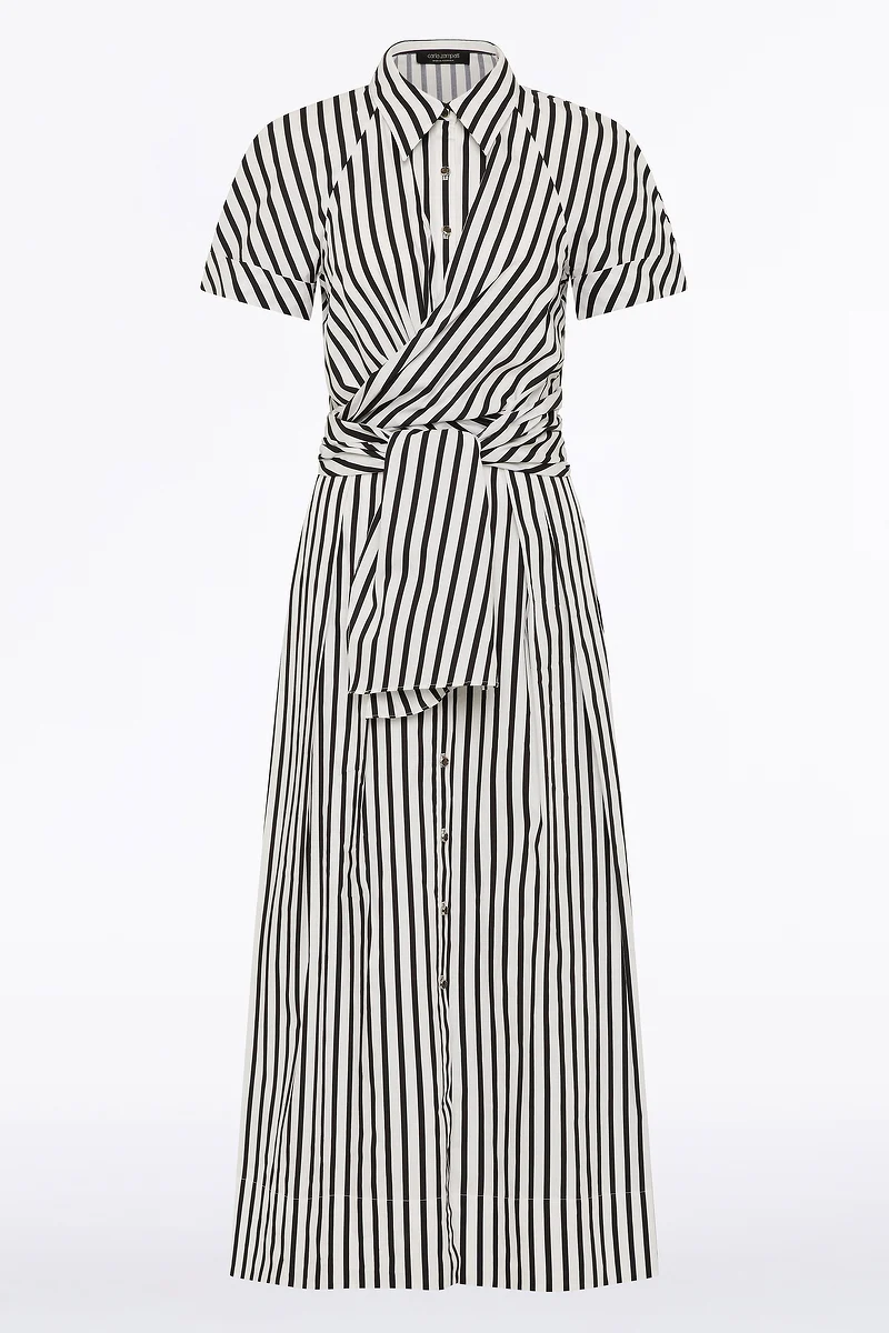 BLACK AND WHITE STRIPE COTTON WRAP SHIRT DRESS - Image 4