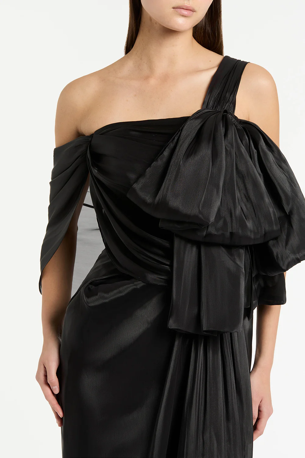 BLACK LUSTRE CHIFFON BOW GOWN - Image 4