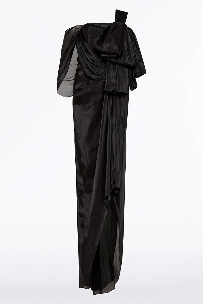 BLACK LUSTRE CHIFFON BOW GOWN - Image 5