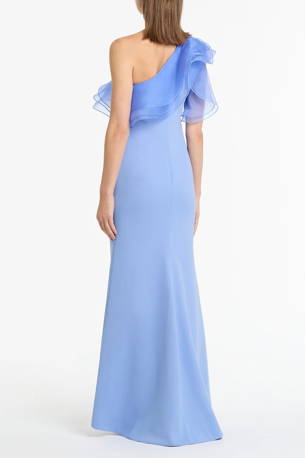 CORNFLOWER CREPE ONE SHOULDER ORGANZA RUFFLE GOWN - Image 3