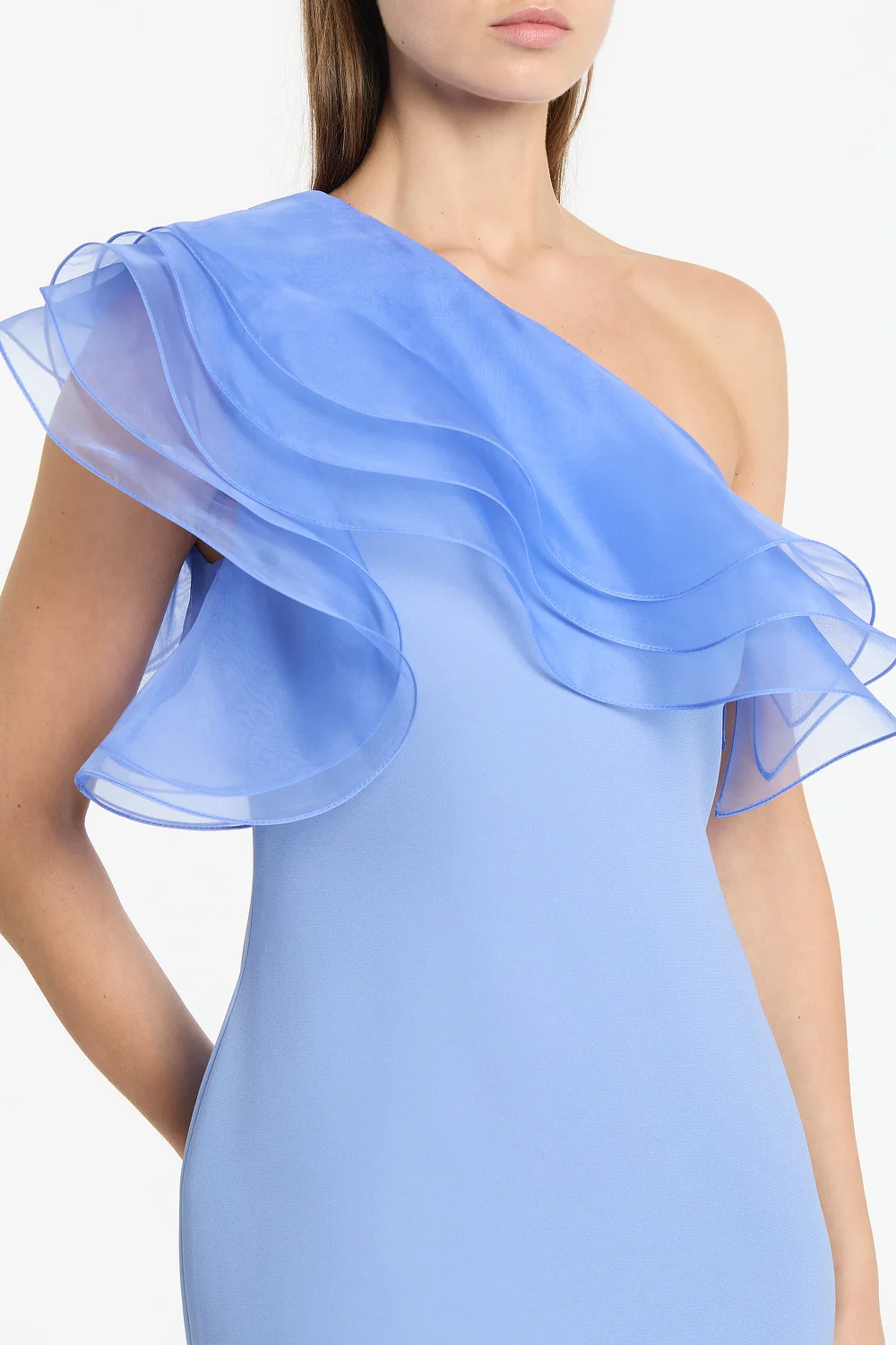 CORNFLOWER CREPE ONE SHOULDER ORGANZA RUFFLE GOWN - Image 4