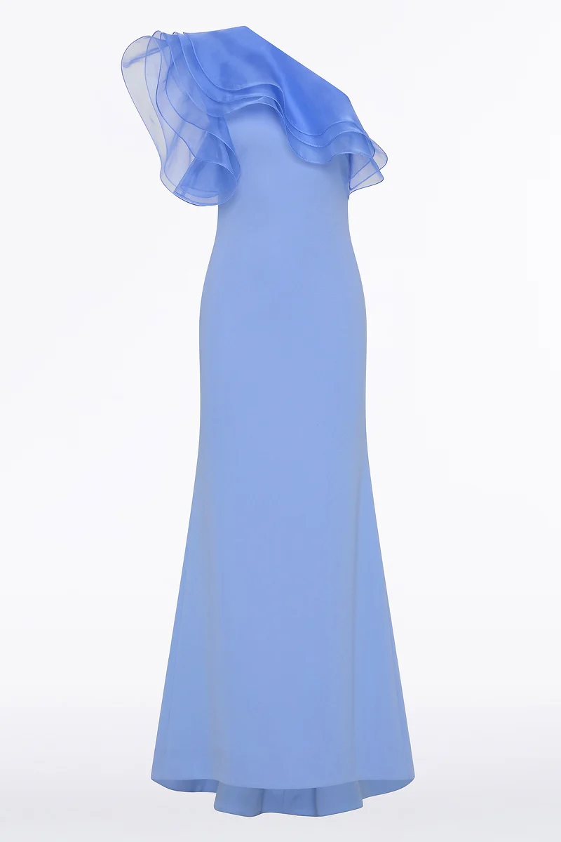 CORNFLOWER CREPE ONE SHOULDER ORGANZA RUFFLE GOWN - Image 5
