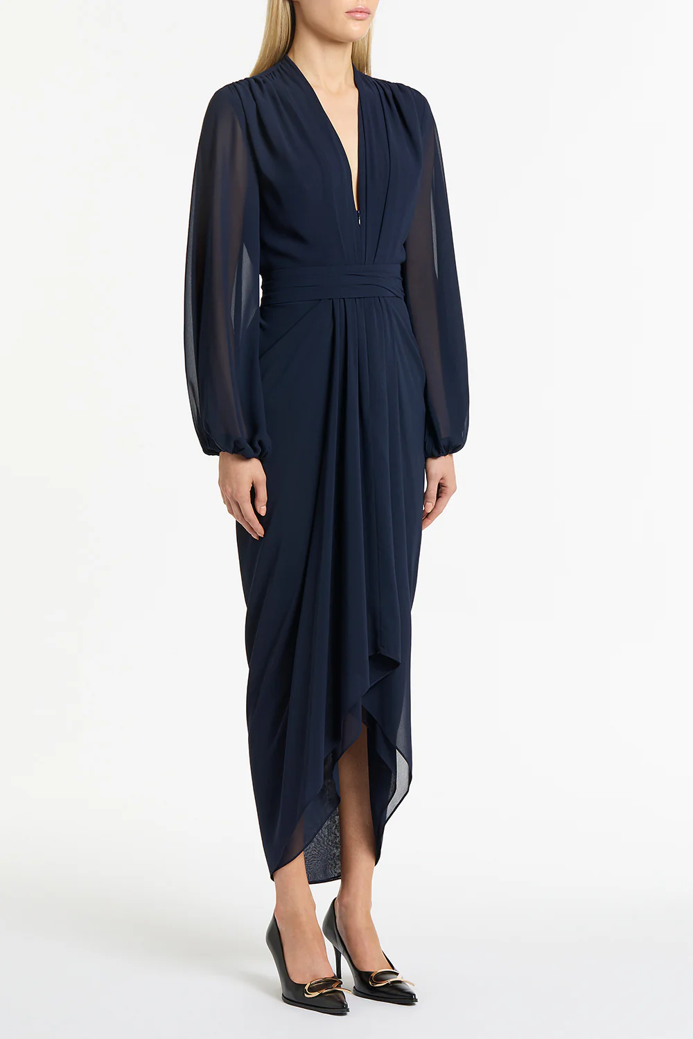 NAVY GEORGETTE V-NECK WATERFALL DRESS - Image 3