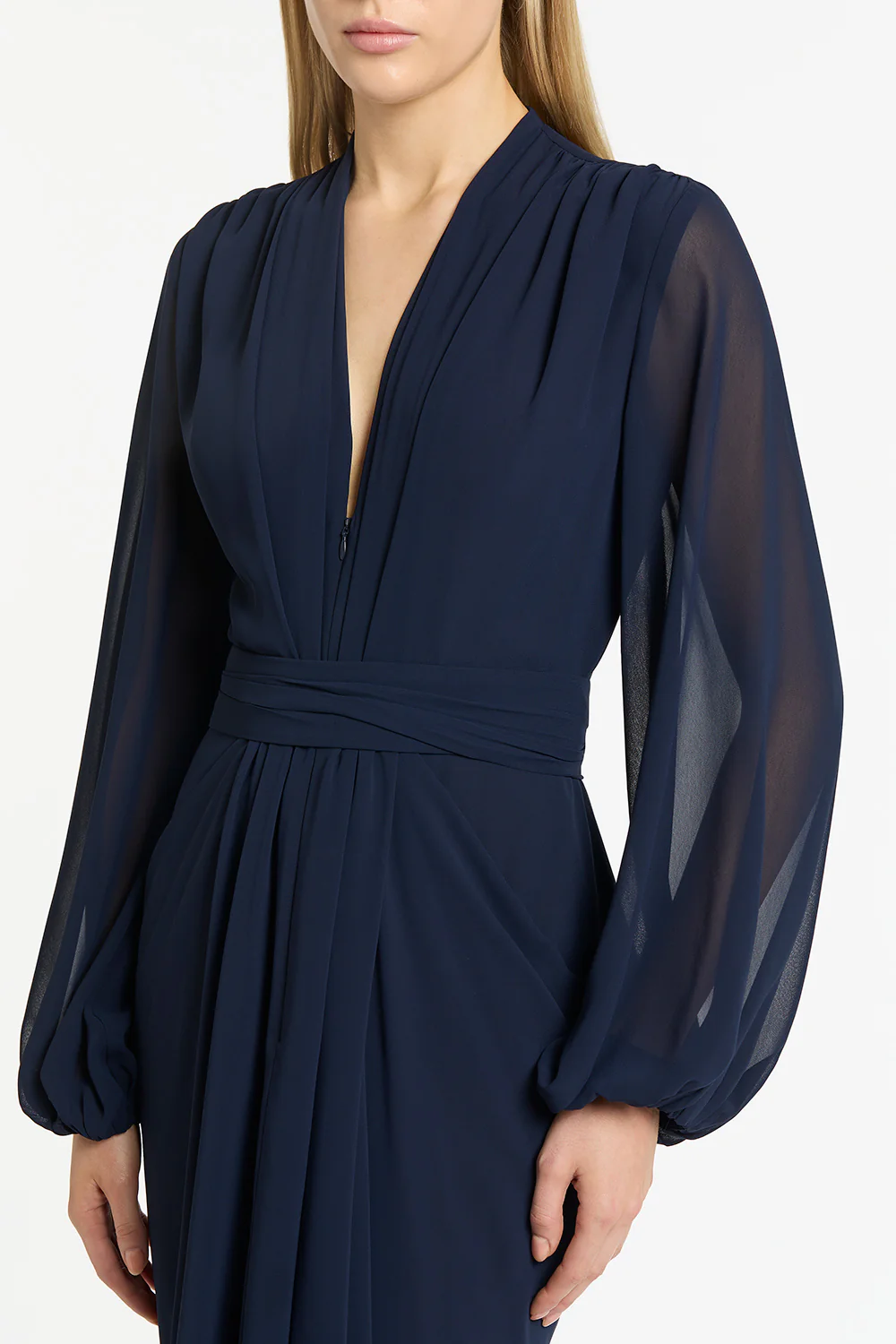 NAVY GEORGETTE V-NECK WATERFALL DRESS - Image 4