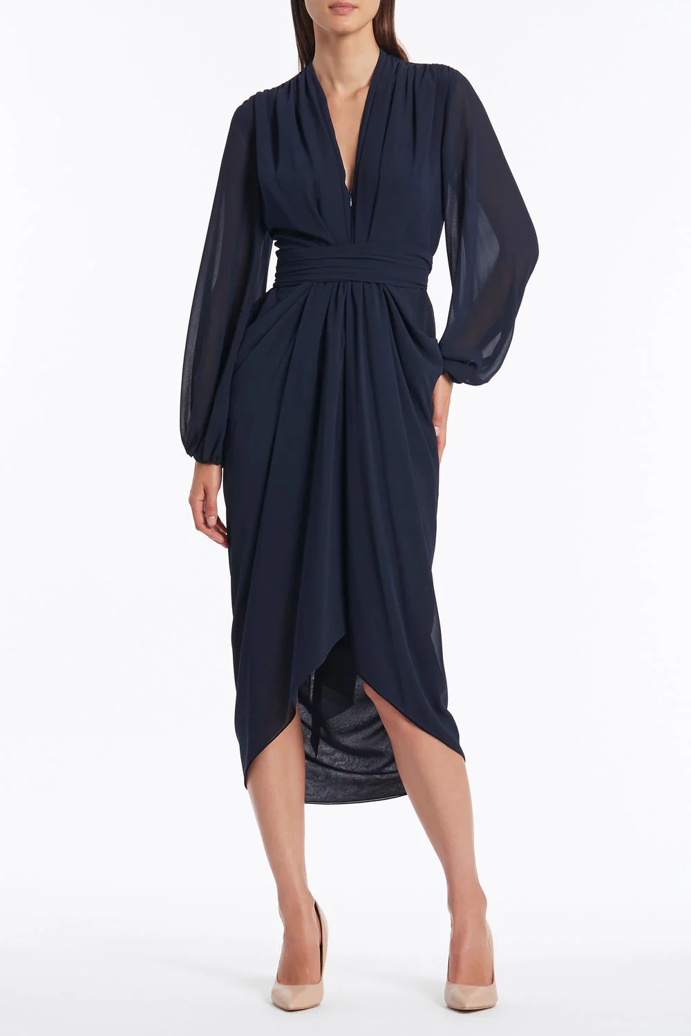 NAVY GEORGETTE V-NECK WATERFALL DRESS - Image 5