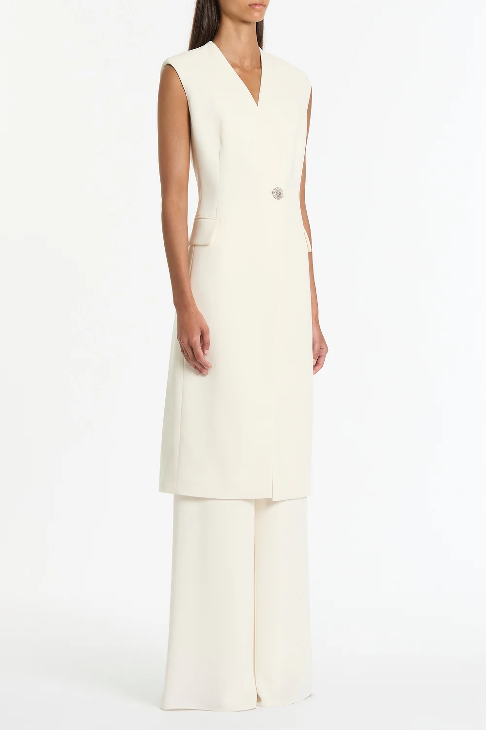 IVORY CREPE LONG LINE VEST - Image 3