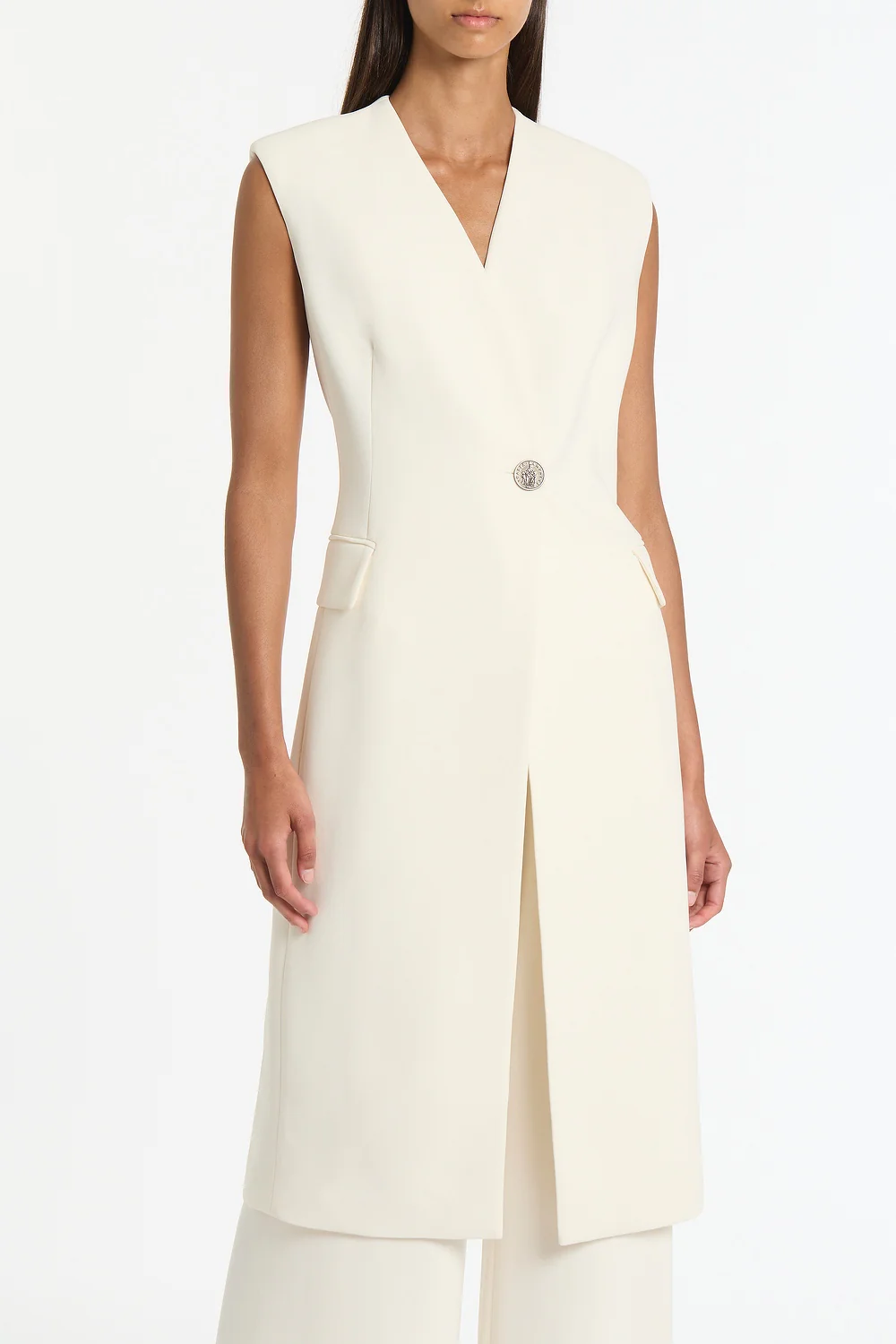 IVORY CREPE LONG LINE VEST - Image 4