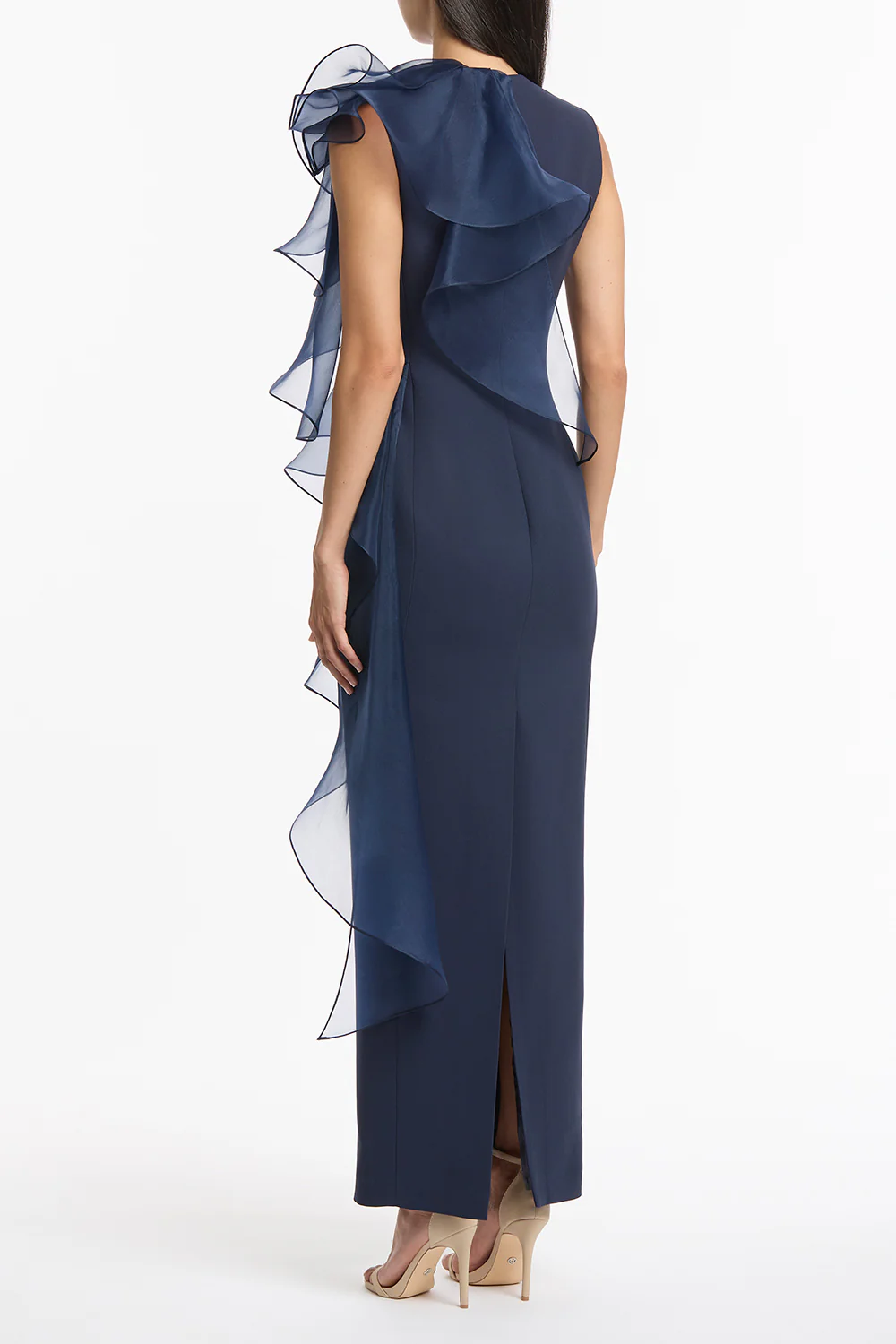 NAVY CREPE RUFFLE SHOULDER GOWN - Image 3