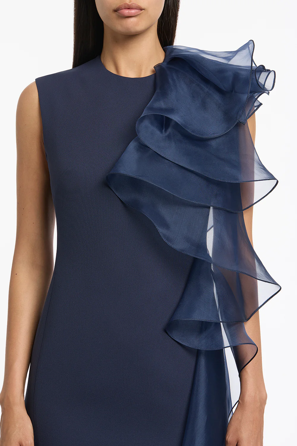 NAVY CREPE RUFFLE SHOULDER GOWN - Image 4