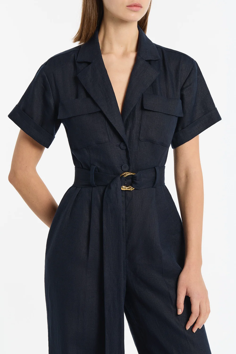 NAVY LINEN UTILITY BELTED JUMPSUIT - Image 4