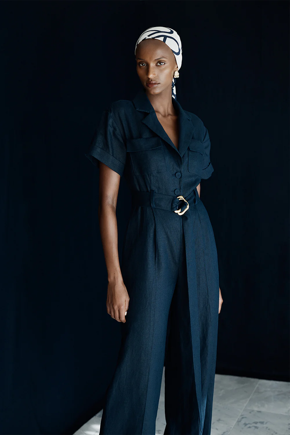 NAVY LINEN UTILITY BELTED JUMPSUIT - Image 5