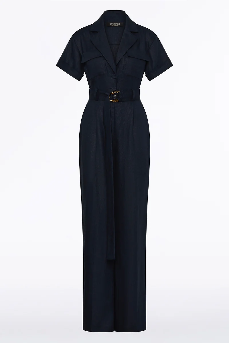 NAVY LINEN UTILITY BELTED JUMPSUIT - Image 6