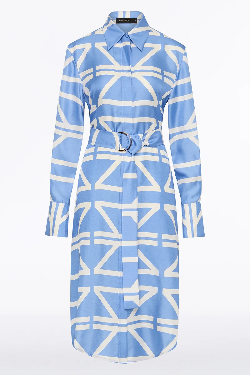 PACIFIC BLUE AND IVORY GRID SILK TWILL RELAXED SHIRT DRESS - Image 4