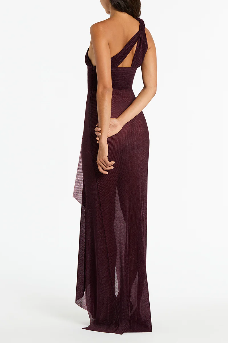 PLUM SHEER PLISSE ONE SHOULDER GOWN - Image 4