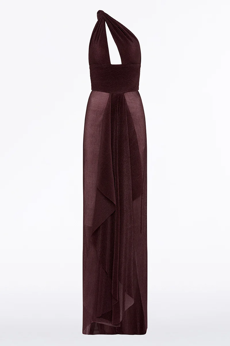 PLUM SHEER PLISSE ONE SHOULDER GOWN - Image 5