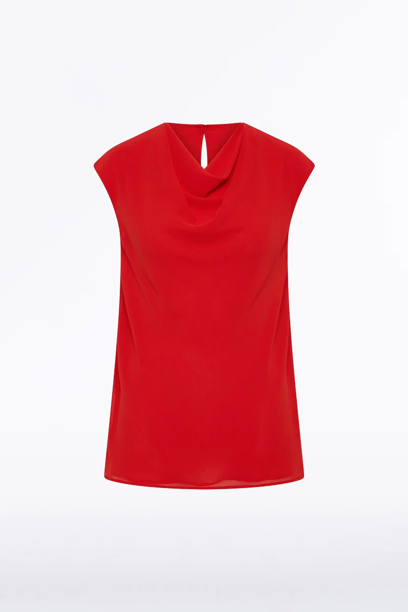 RED GEORGETTE CAP SLEEVE COWL TOP - Image 4