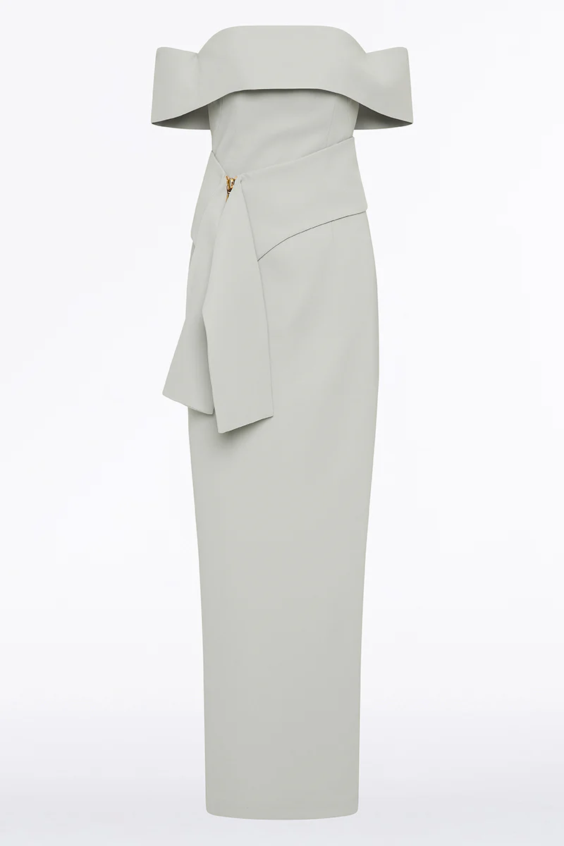 SILVER CREPE LA BANDA OFF SHOULDER GOWN - Image 4