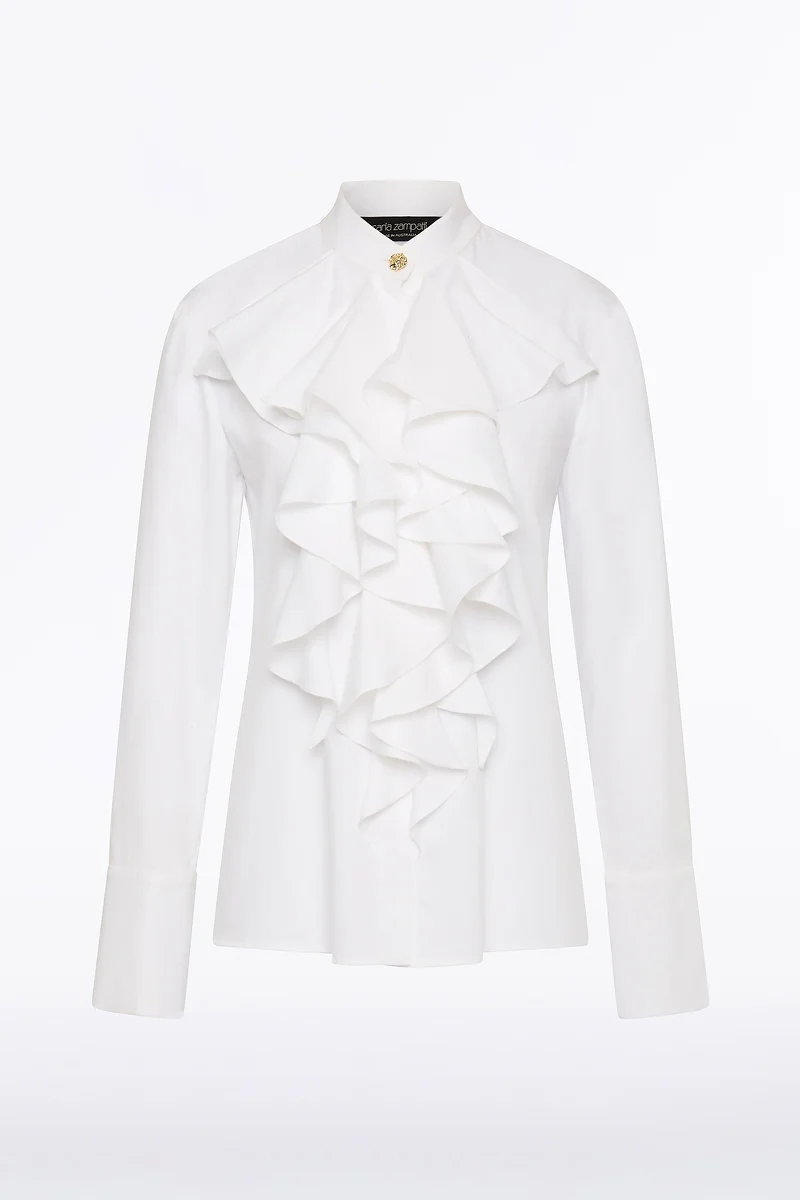 WHITE COTTON FRILL FRONT SHIRT - Image 6